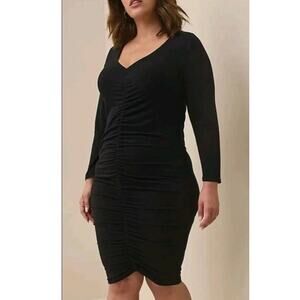 Torrid Black Jersey Bodycon Dress Sz 5X Ruched V-Neck Long Sleeves Stretch LBD